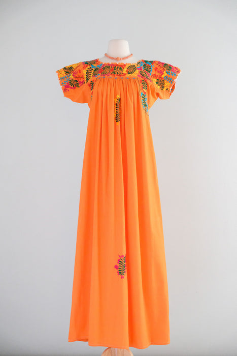 Vintage 1970's Sunset Orange Mexican Huipil Style Dress / M
