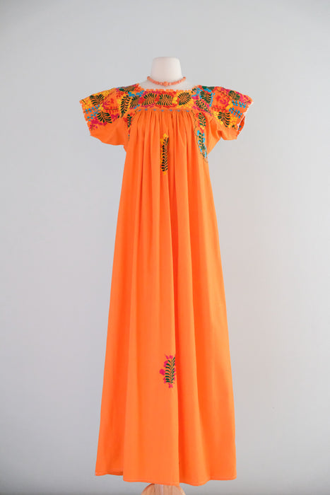 Vintage 1970's Sunset Orange Mexican Huipil Style Dress / M