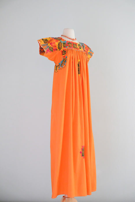 Vintage 1970's Sunset Orange Mexican Huipil Style Dress / M