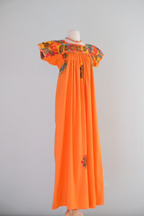 Vintage 1970's Sunset Orange Mexican Huipil Style Dress / M
