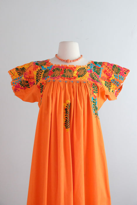 Vintage 1970's Sunset Orange Mexican Huipil Style Dress / M