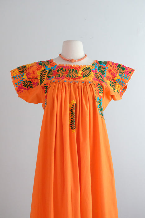 Vintage 1970's Sunset Orange Mexican Huipil Style Dress / M