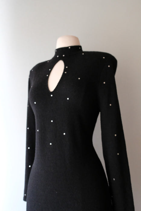 Amazing 1980’s Black Knit Cocktail Dress with Rhinestones / Sz M