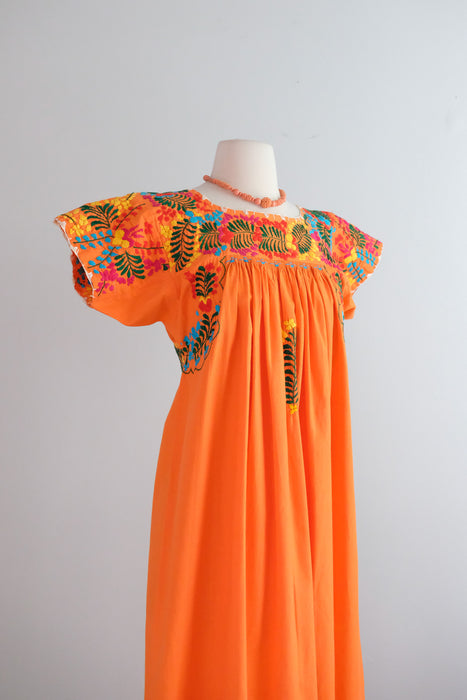Vintage 1970's Sunset Orange Mexican Huipil Style Dress / M