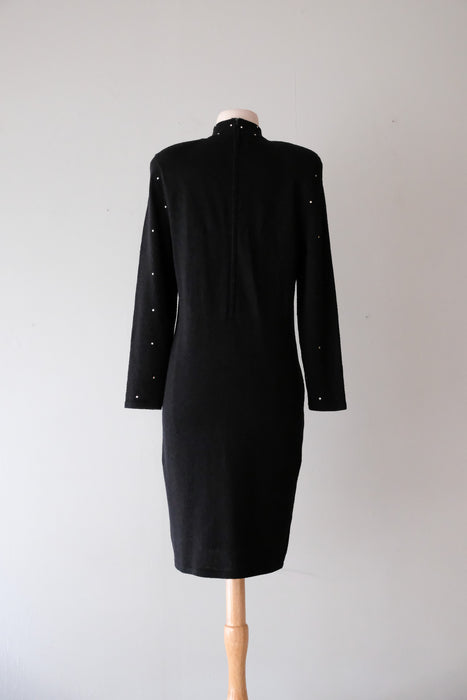 Amazing 1980’s Black Knit Cocktail Dress with Rhinestones / Sz M