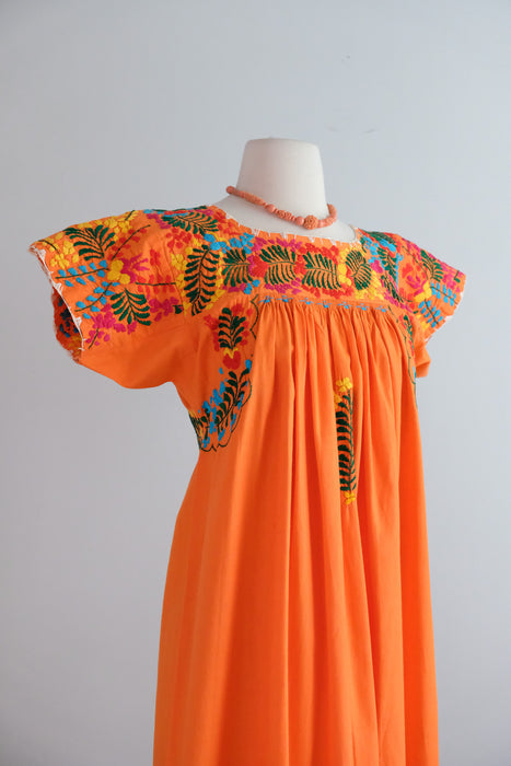Vintage 1970's Sunset Orange Mexican Huipil Style Dress / M
