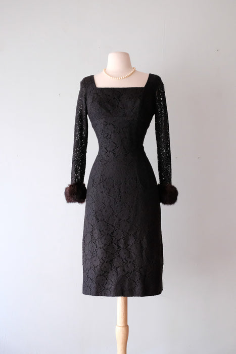 Exquisite 1950's Black Cotton Lace Wiggle Dress with Fur Cuffs / Sz M