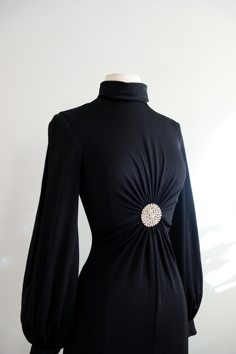 Vintage 1970's Black Rhinestone Evening Gown With Cut Out Sleeves Xtabay Vintage Vintage 1970's Black Rhinestone Evening Gown With Cut Out Sleeves Xtabay Vintage