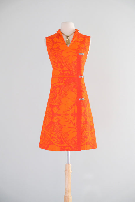 Vintage Late 1960's Mod Red-Orange Wrap Dress Made With Marimekko Fabric / M