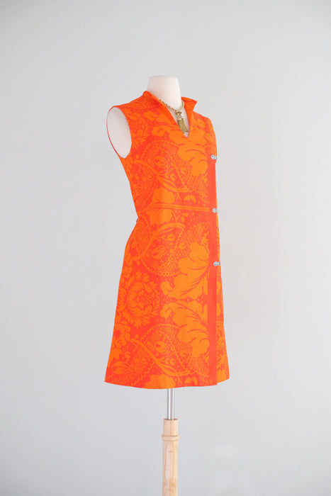 Vintage Late 1960's Mod Red-Orange Wrap Dress Made With Marimekko Fabric / M