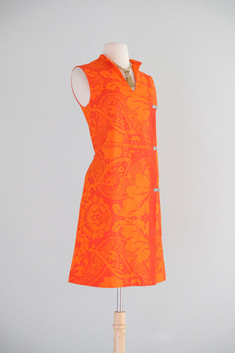 Vintage Late 1960's Mod Red-Orange Wrap Dress Made With Marimekko Fabric / M