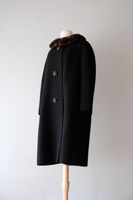 Luxurious 1960's Black Wool & Mink Cocoon Coat / Sz ML