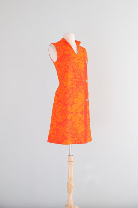 Vintage Late 1960's Mod Red-Orange Wrap Dress Made With Marimekko Fabric / M