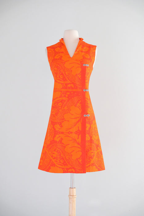 Vintage Late 1960's Mod Red-Orange Wrap Dress Made With Marimekko Fabric / M