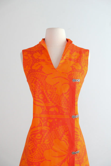 Vintage Late 1960's Mod Red-Orange Wrap Dress Made With Marimekko Fabric / M