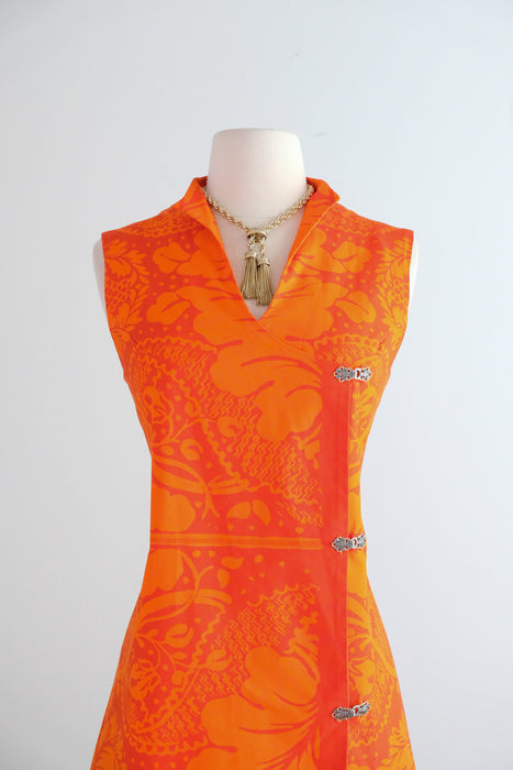 Vintage Late 1960's Mod Red-Orange Wrap Dress Made With Marimekko Fabric / M