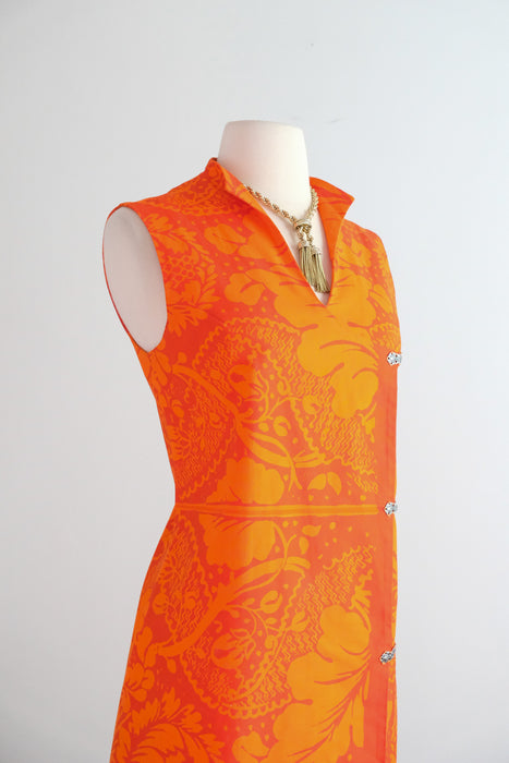 Vintage Late 1960's Mod Red-Orange Wrap Dress Made With Marimekko Fabric / M