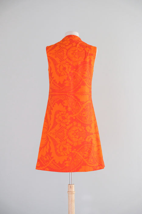 Vintage Late 1960's Mod Red-Orange Wrap Dress Made With Marimekko Fabric / M