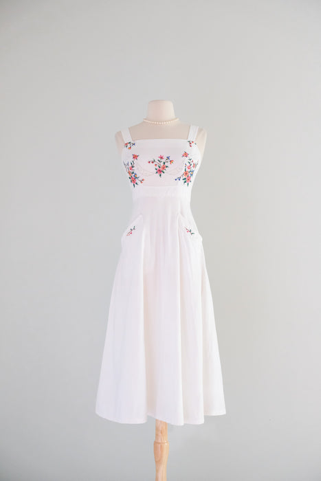 Vintage 1970's Ivory Cotton Cross-Stitch Floral Embroidered Sundress / Small