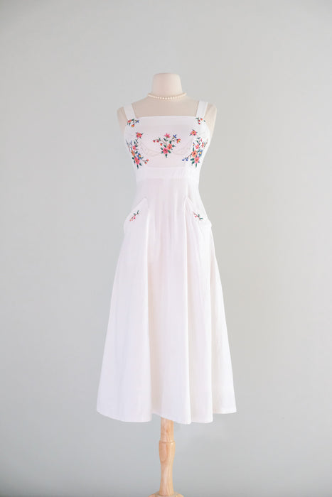 Vintage 1970's Ivory Cotton Cross-Stitch Floral Embroidered Sundress / Small