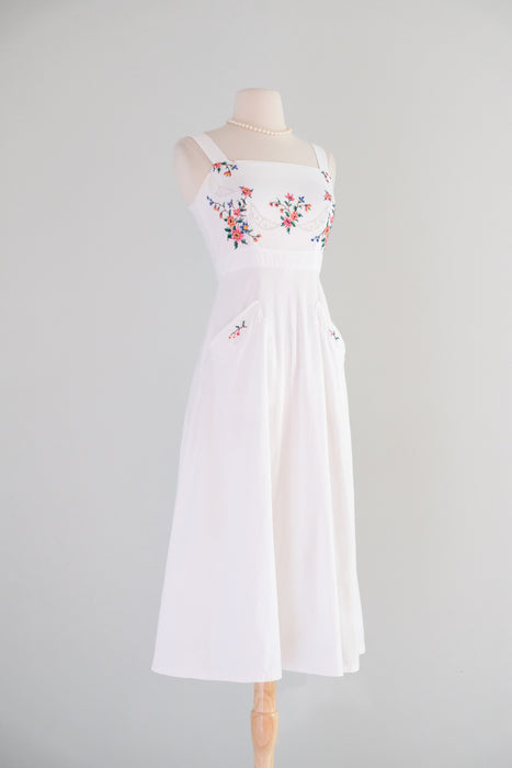 Vintage 1970's Ivory Cotton Cross-Stitch Floral Embroidered Sundress / Small
