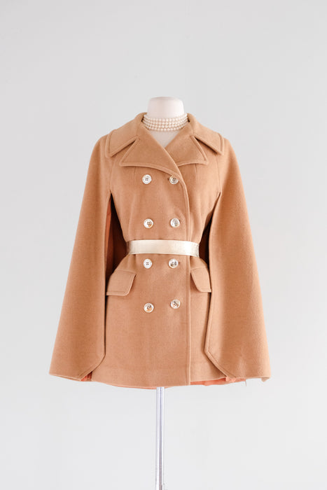 Beautiful 1960's Double Breasted Camel Hair Cape Coat / Sz M