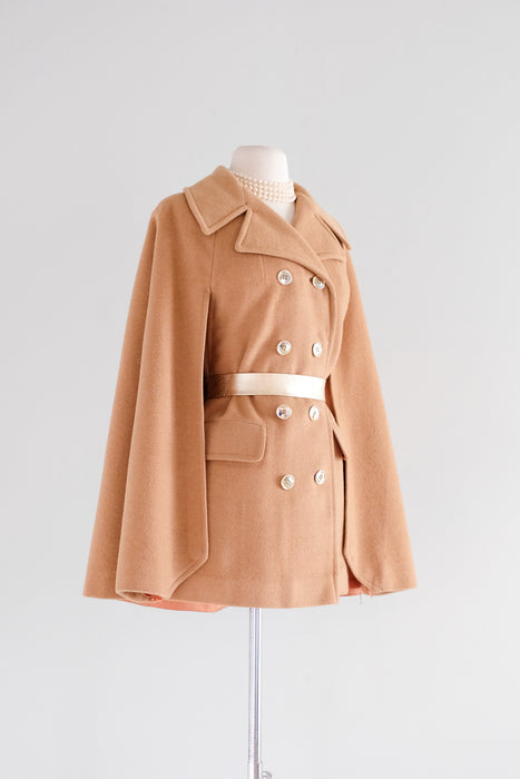 Beautiful 1960's Double Breasted Camel Hair Cape Coat / Sz M