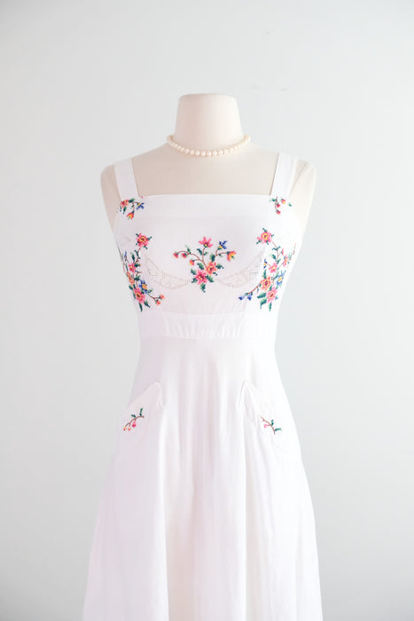 Vintage 1970's Ivory Cotton Cross-Stitch Floral Embroidered Sundress / Small