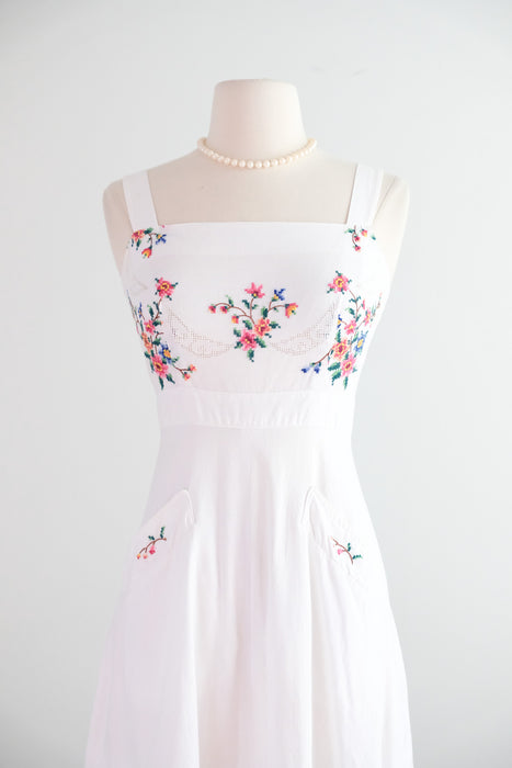 Vintage 1970's Ivory Cotton Cross-Stitch Floral Embroidered Sundress / Small