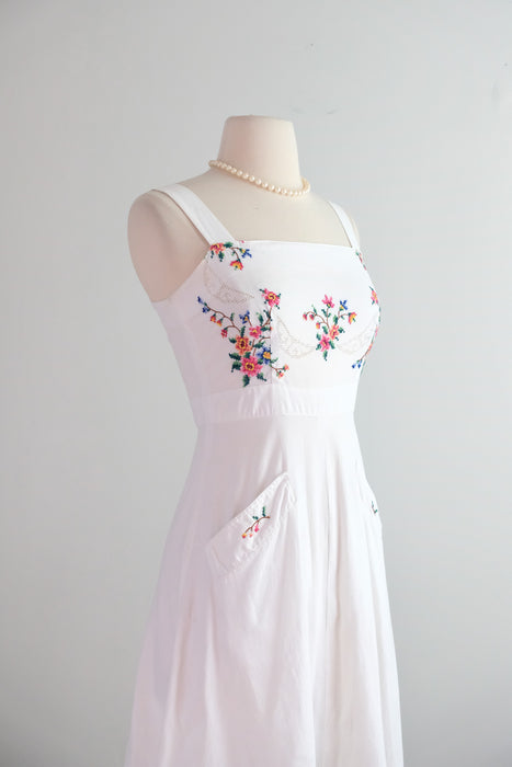 Vintage 1970's Ivory Cotton Cross-Stitch Floral Embroidered Sundress / Small