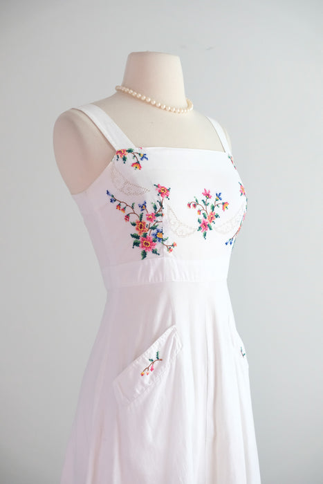 Vintage 1970's Ivory Cotton Cross-Stitch Floral Embroidered Sundress / Small