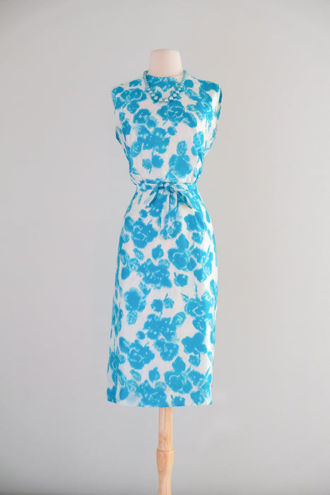 Brilliant Early 1960's Turquoise Blue Floral Silk Shift / M