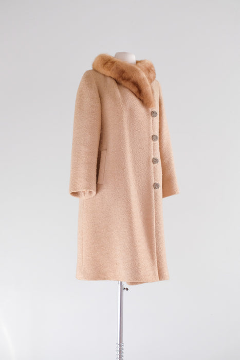 Luxurious 1960's Camel Textured Wool Mink Evening Coat / Sz M