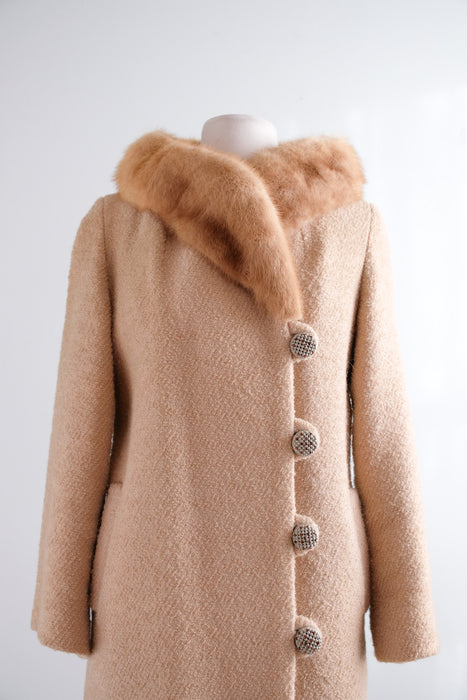 Luxurious 1960's Camel Textured Wool Mink Evening Coat / Sz M