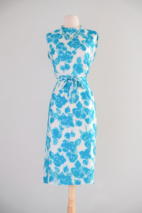Brilliant Early 1960's Turquoise Blue Floral Silk Shift / M