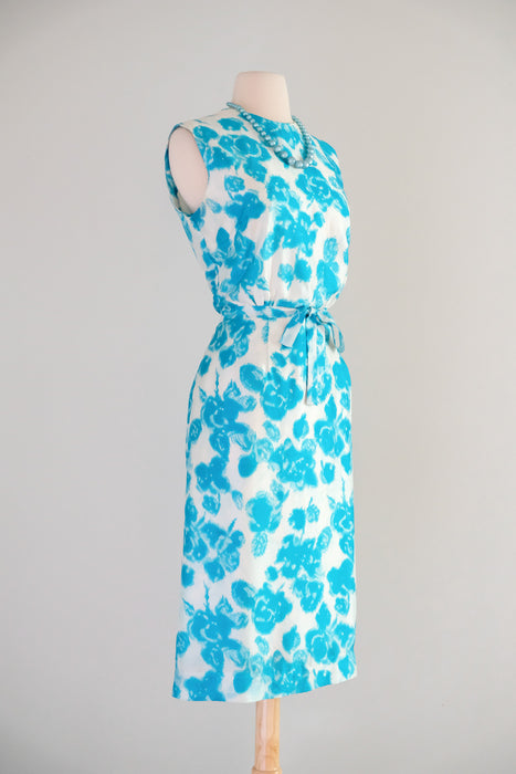 Brilliant Early 1960's Turquoise Blue Floral Silk Shift / M