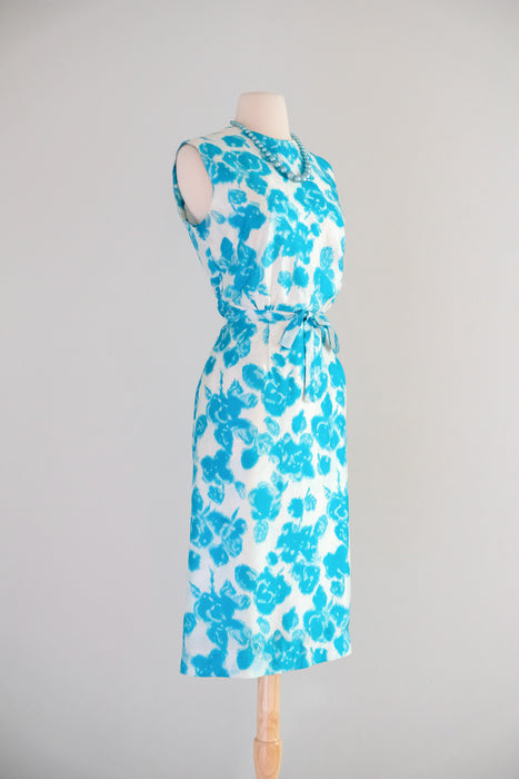 Brilliant Early 1960's Turquoise Blue Floral Silk Shift / M