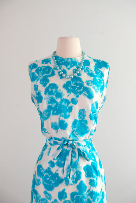 Brilliant Early 1960's Turquoise Blue Floral Silk Shift / M