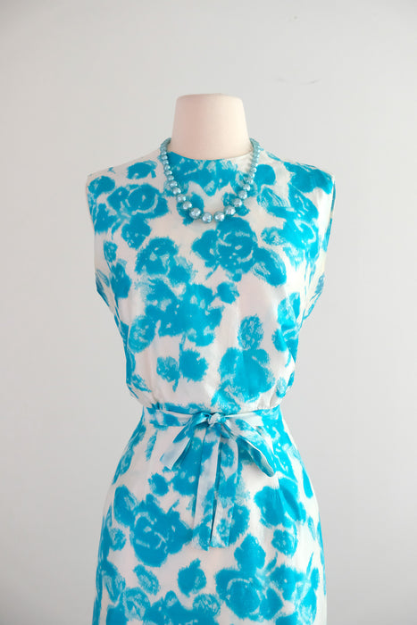 Brilliant Early 1960's Turquoise Blue Floral Silk Shift / M