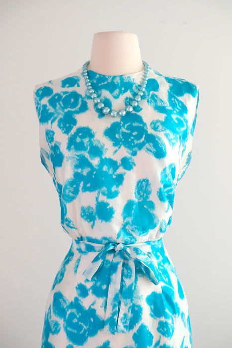 Brilliant Early 1960's Turquoise Blue Floral Silk Shift / M