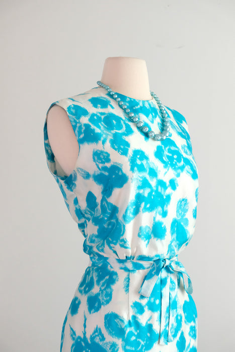 Brilliant Early 1960's Turquoise Blue Floral Silk Shift / M