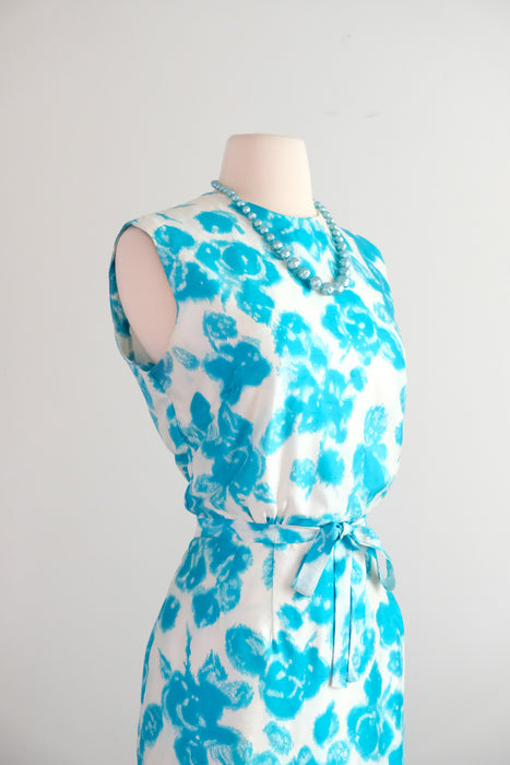 Brilliant Early 1960's Turquoise Blue Floral Silk Shift / M