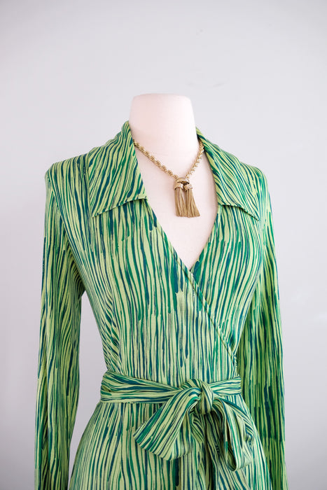 Vintage 1990's DVF Green Silk Jersey Wrap Dress / ML