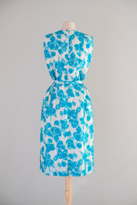 Brilliant Early 1960's Turquoise Blue Floral Silk Shift / M
