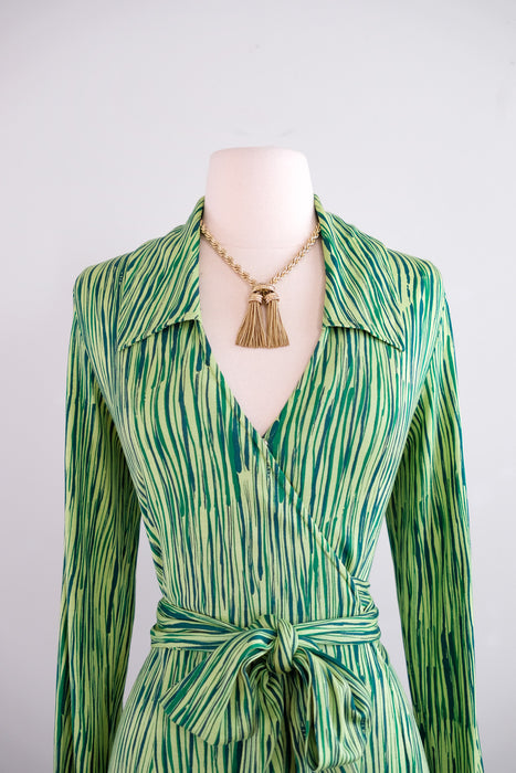 Vintage 1990's DVF Green Silk Jersey Wrap Dress / ML