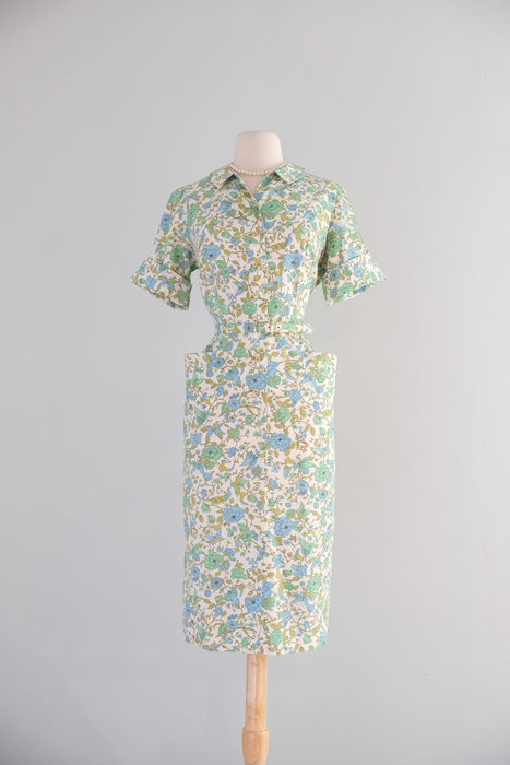 Vintage 1960's Green & Blue Floral Shirt Dress by Sunnyvale / ML