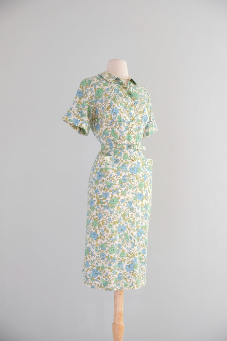 Vintage 1960's Green & Blue Floral Shirt Dress by Sunnyvale / ML