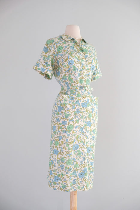 Vintage 1960's Green & Blue Floral Shirt Dress by Sunnyvale / ML