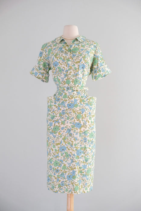 Vintage 1960's Green & Blue Floral Shirt Dress by Sunnyvale / ML