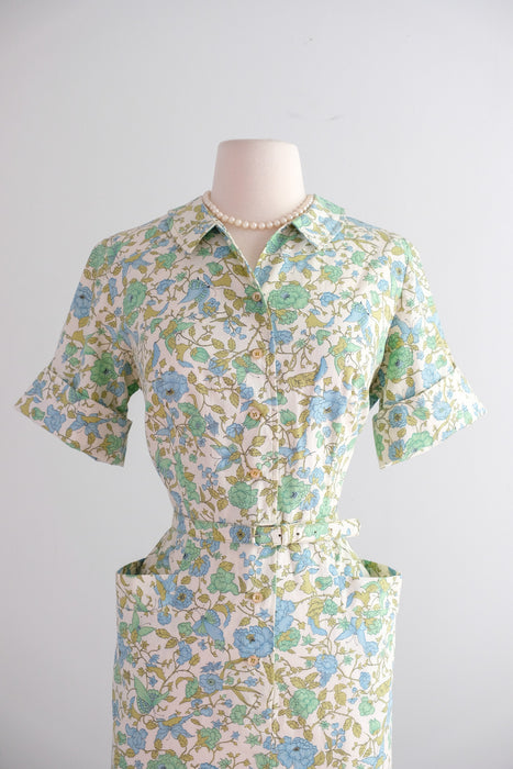 Vintage 1960's Green & Blue Floral Shirt Dress by Sunnyvale / ML
